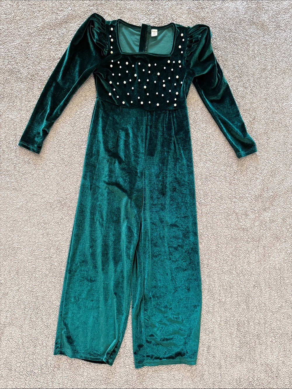 SHEIN Emerald Velvet Pearl-Studded Kids Dance Jumpsuit